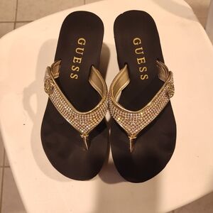 GUESS Black and Gold Rhinestone Sandals